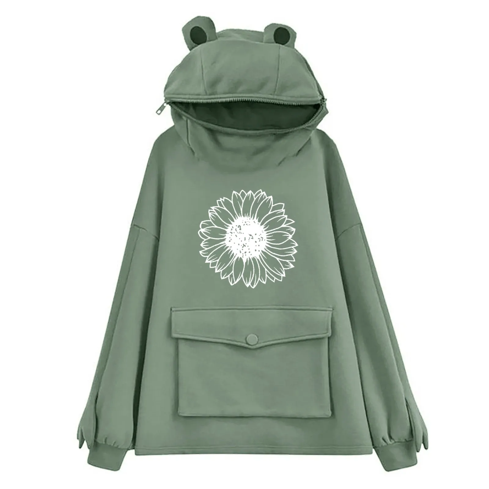 Harajuku Hoodie Women Long Sleeve Kawaii Cartoon Frog-design Flower Prints Pockets Goth Women Sweetshirts Pullover Hoodies