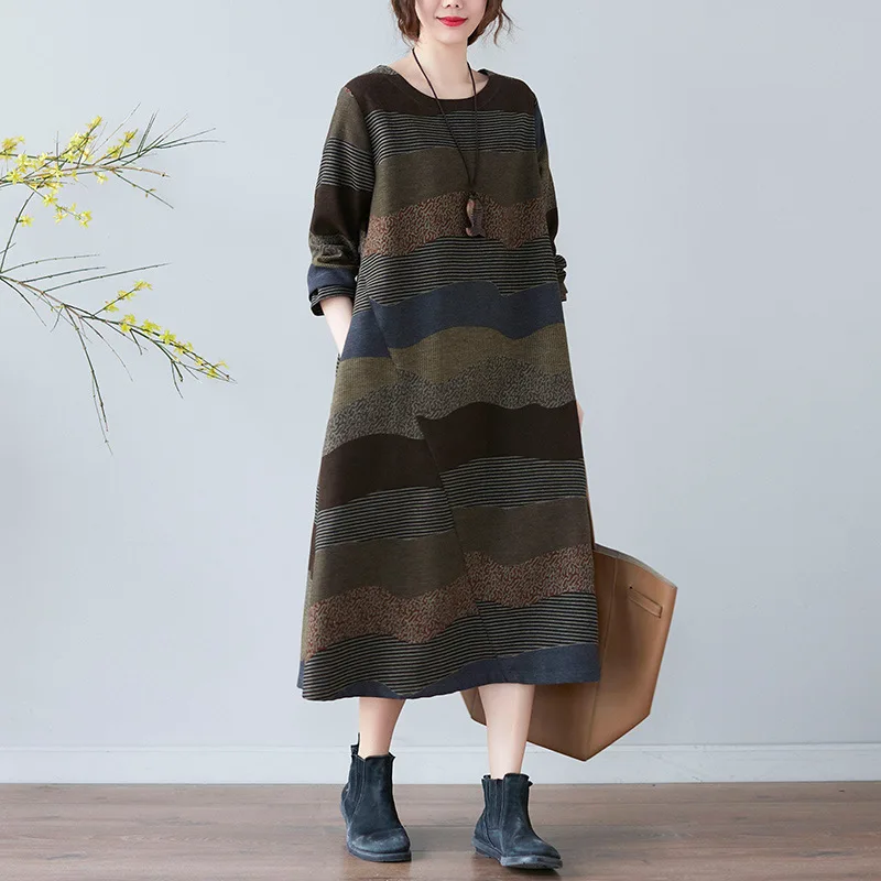 Spring Autumn Women Long-sleeved Stripe Cotton Linen Dress Fall Women's Clothing 2022 New Vintage Plus Size D309 | Женская одежда