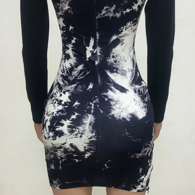 

Women Autumn Winter Tie Dye Pullover Dress Sexy Long Sleeve Side Zipper Bodycon Mini Dress