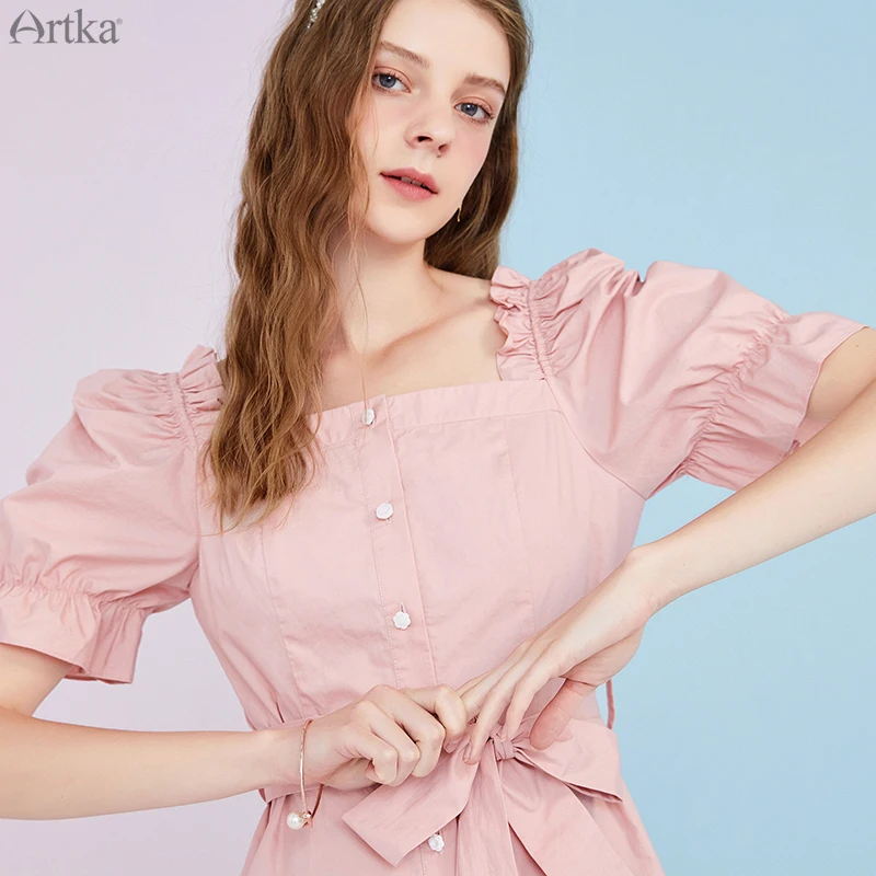 Женское винтажное платье с поясом ARTKA длинное из чистого хлопка квадратным