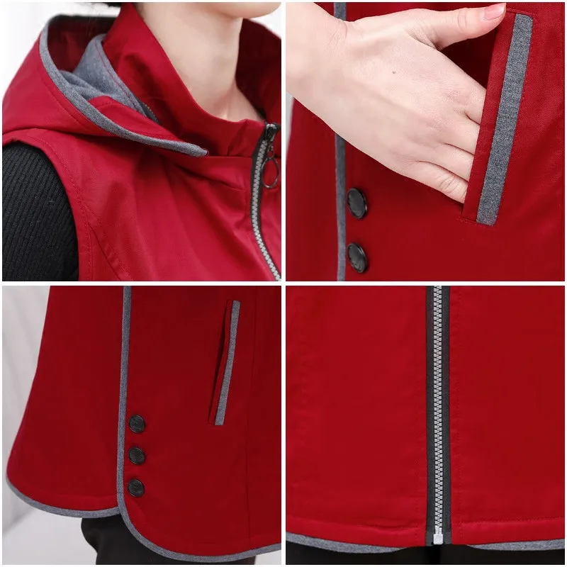 

Plus Size 5XL Women Jacket Vest Coat Spring Autumn Fashion Hooded Casual Waistcoat Female Sleeveless Office Lady Pocket Coat