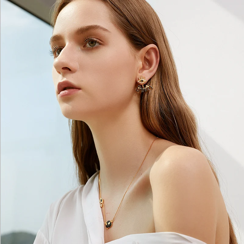 Женские асимметричные серьги SLJELY из серебра 925 пробы с черным цирконием желтого и