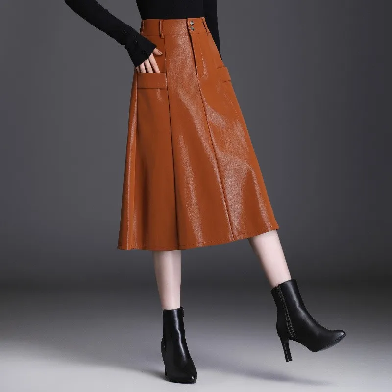 

Женская офисная юбка средней длины, однотонная трапециевидная юбка из искусственной кожи, большие размеры, осень 2021