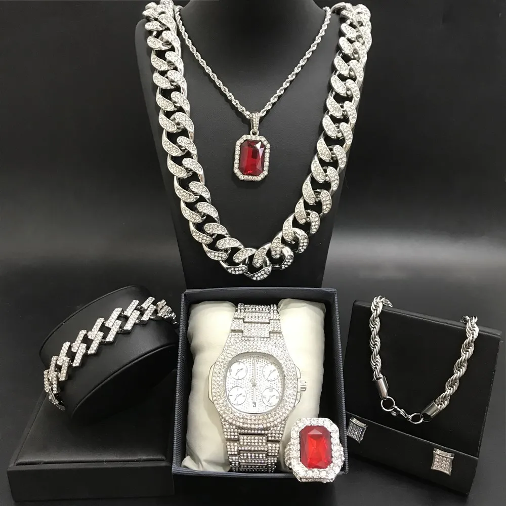 

Luxury Men Watch & Neckalce & Braclete & Ring & Earrings Combo Ice Out Cuban Jewerly In Crystal Neckalce Chain Hip Hop For Men