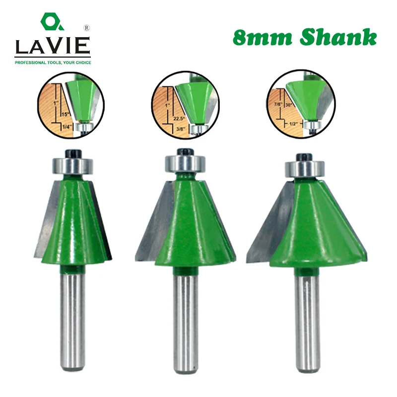 LAVIE 3 шт. набор 8 мм хвостовик фаски Фрезы 15 22,5 30 градусов Фрезерный резак для дерева лесорезные долото станки MC02112