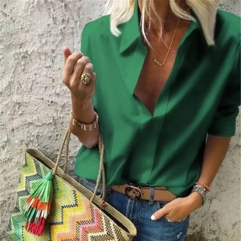 Solid Green Весенняя женская блузка для отдыха, топы, женские офисные блузки с цепным принтом, женские стильные блузки с длинным рукавом, женские 5XL - Цвет: Solid Green