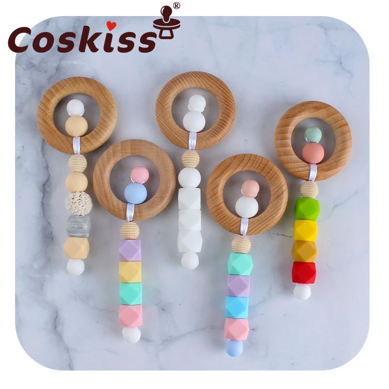 

Coskiss Baby Beech Wooden Circle Teether Infants BPA Free Silicone Beads Teething Soother Molar Toys Newborn Shower Gifts