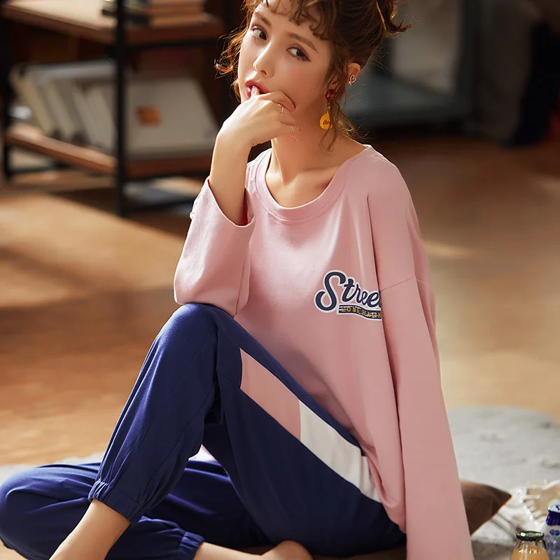 

Autumn New Women's Homedress Pajamas Sets Long Sleeve Full Trousers Nightgown Round Neck Sleepwear Cotton Casual Home Clothing