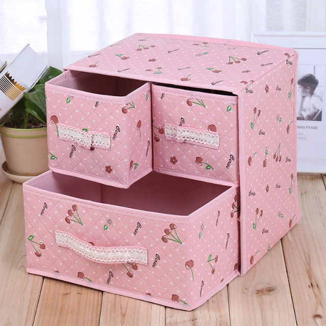 

Organizer Cherry Printing Waterproof 3 Drawer Desktop Storage Box For Underwear Socks Cosmetics Thicken Non-woven Storage Bins
