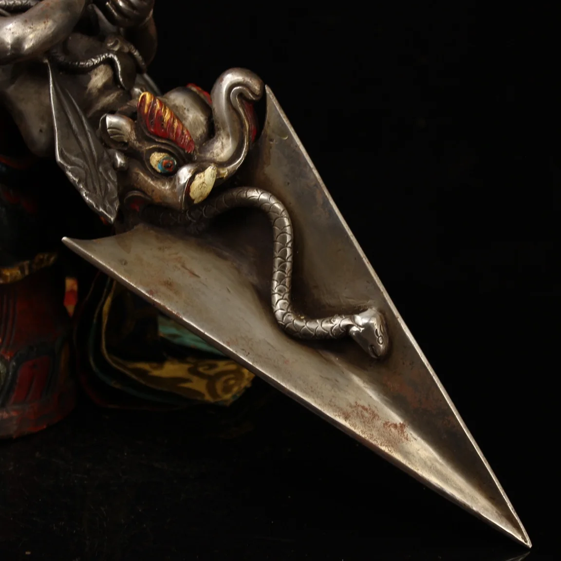 

20"Tibet Buddhism Old Tiantie mosaic Gem Tracing Three eyes Mahakala Dorje Vajra Phurpa Base set Town House Exorcism