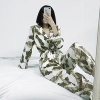 hiloc banana leaf robe sets long sleeve satin pajamas tropical graphic 2 piece set women sleepwear home suit sets bathrobe 2020