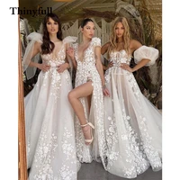 3 new designs flower lace wedding dresses beach appliques high side slit boho princess bridal gowns wedding party dress 2022