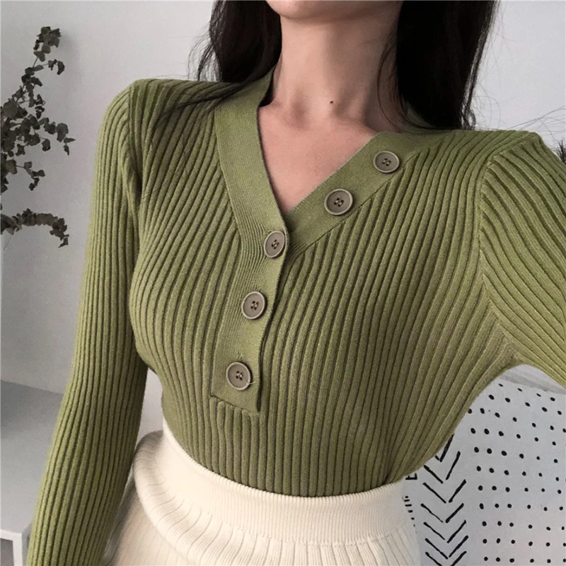 Autumn Knitted Black Sweater Women Casual Pure Bottoming Sweaters Button V-Neck Long Sleeve Pullover | Женская одежда