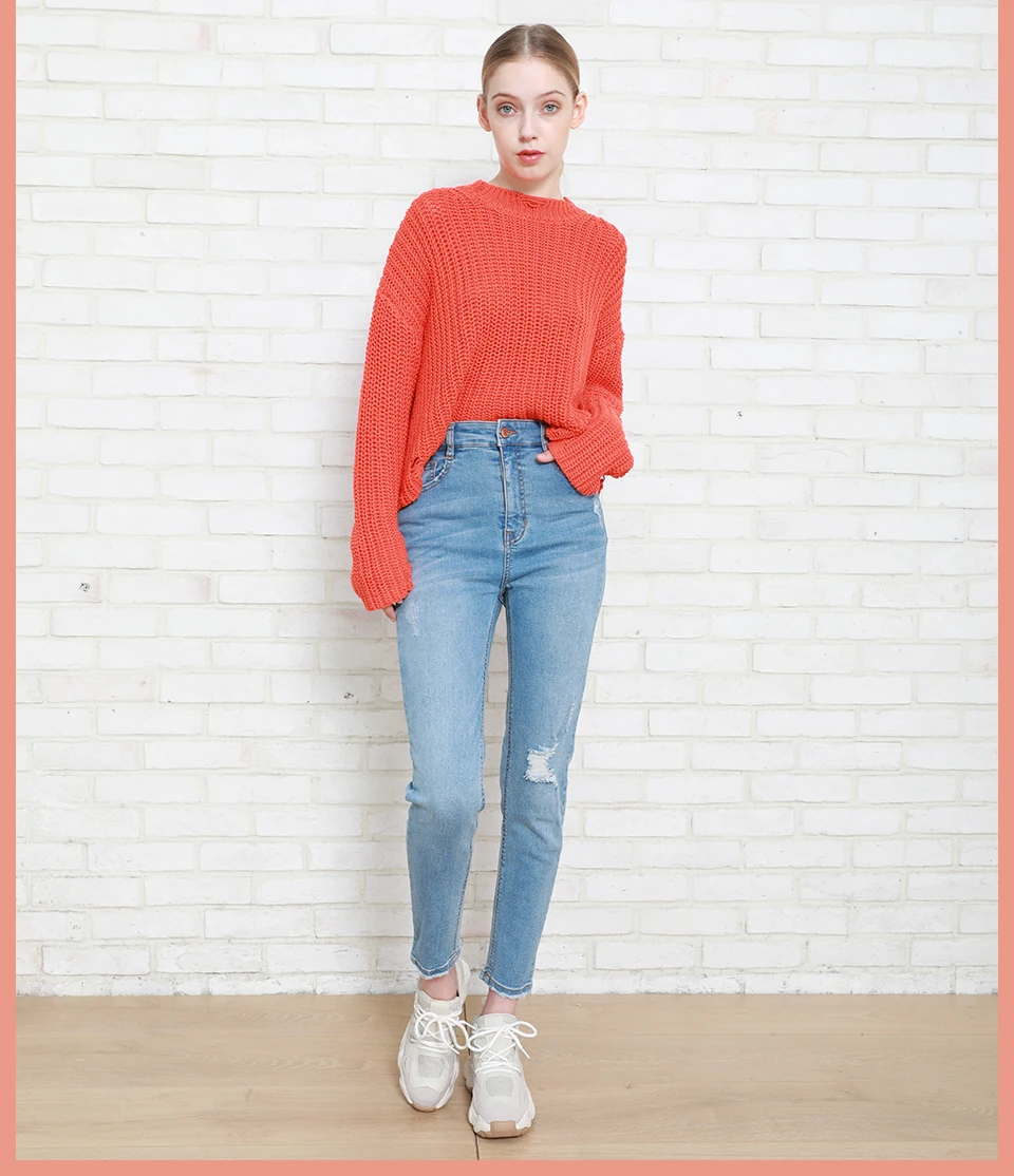 Autumn Winter Women Denim Skinny Pant Stretch High Waist Washed Blue Destroy/Rips Slim Elastic Lady Jeans