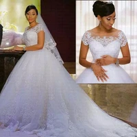 vensanac illusion o neck vintage lace appliques african wedding dress short sleeve court train bridal gowns