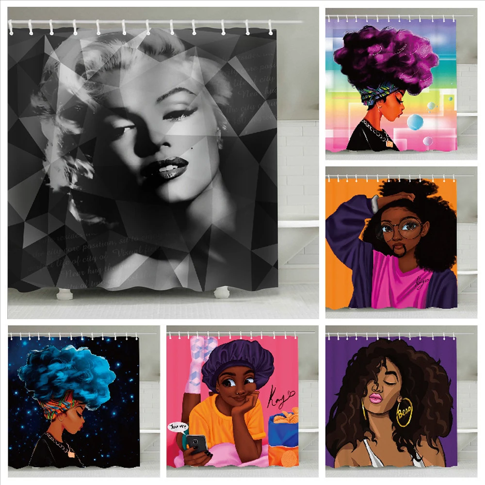 

African American Girl Shower Curtain MarilynMonroe Black Girls Waterproof Durable Bathroom Shower Curtain Set with 12 Hooks