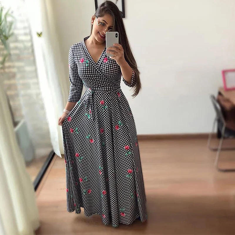 2021 Summer Women's New Sexy Print Flower Long-sleeved Solid Color Dress Fashion European And American Style