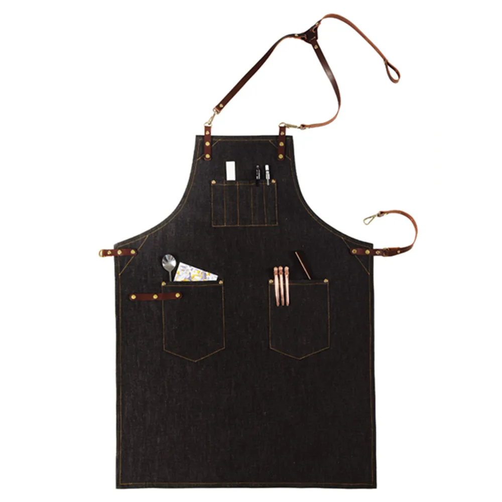 

Черный джинсовый фартук, кожаный ремешок, кафе, бариста, хлебобулочная бариста, форма шеф-повара, Парикмахерская, флорист, художник, садоводка, рабочая одежда K56