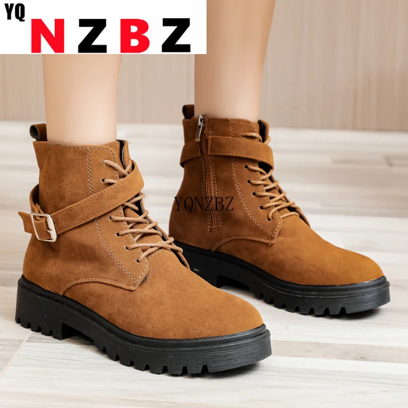 

2021 Autumn New Fashion Platform Round Head Lace-up Women's Ankle Boots Buckle Square Heel Side Zipper Women's Casual Boots