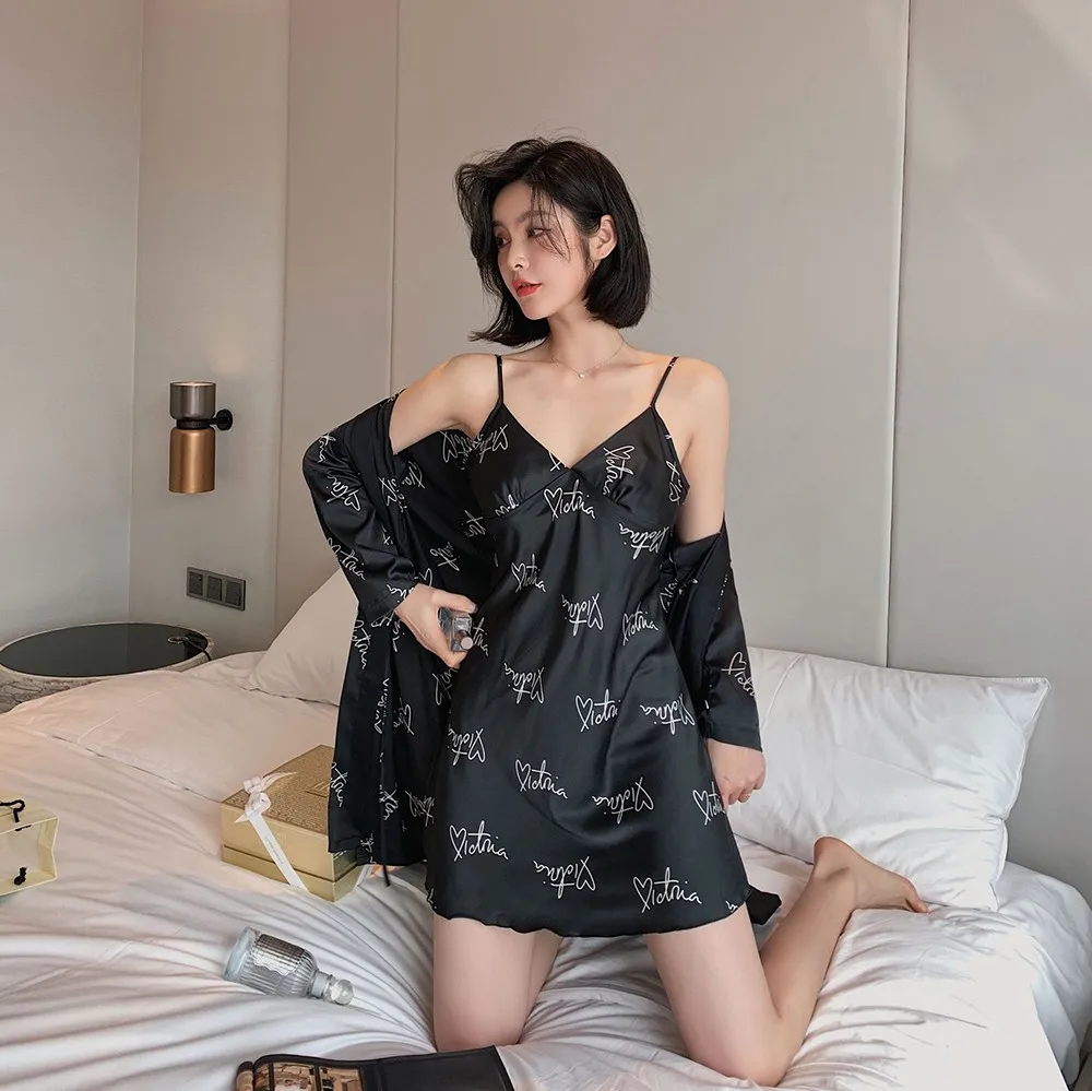 

Black Letter Print Kimono Robe Gown Suit Women Spaghetti Strap Nightdress Set Summer Sleepwear Sexy V-Neck Backless Home Dress