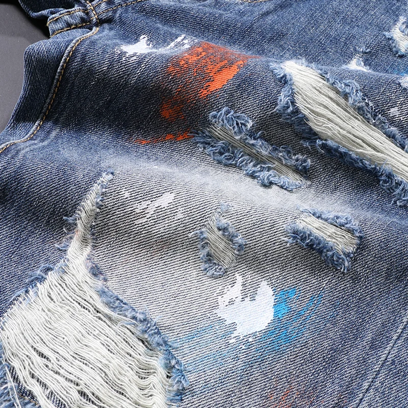 

High Street Fashion Men Jeans Shorts Retro Blue Painted Designer Punk Style Ripped Denim Shorts Summer Hip Hop Short Jeans Men