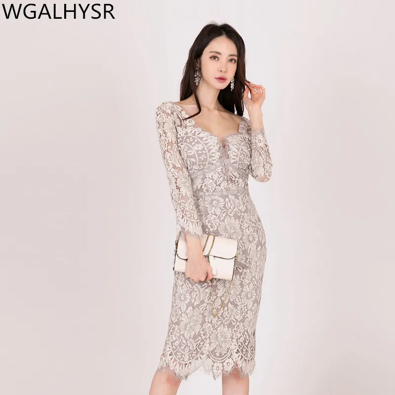 

2023 Spring Korean Edition Temperament Lace Dress Women Crochet Flower Hollow Out Pencil Vestidos Casual Office Dresses