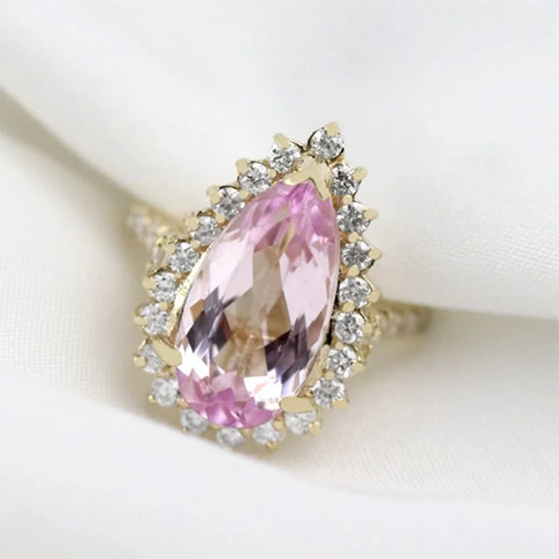 

Fashion Pink Faceted Water Drop Shaped Crystal Ladies Ring with Shiny Rhinestone CZ for Women Party Wedding Jewelry