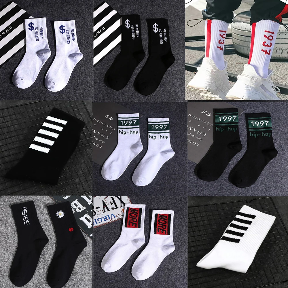 

Men Socks Cotton Graphic No Money More Bar Letters Long Women Striped Hot Fashion Hip-Hop Solid Sport Street Casual