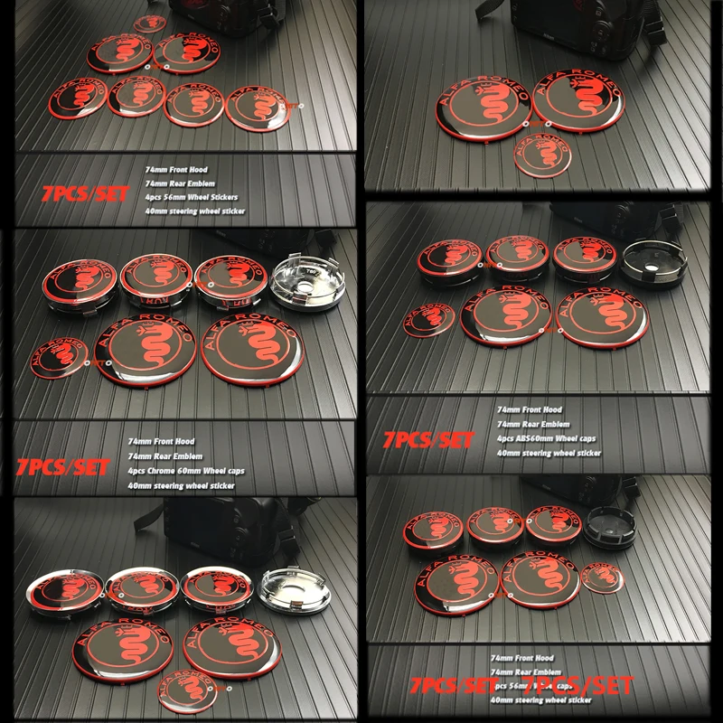 

7pcs black/red ALFA ROMEO Car Logo Car Hood/Rear/Steering Wheel Emblem Badge Stickers 7.4cm 56mm 60mm 64mm wheel caps 50mm decal