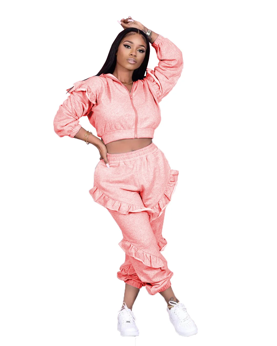 

RStylish Autumn Ruffles Sweatsuits Women Sportswear Casual Two Piece Set Hooded Crop Top And Pants Joggers Tracksuit