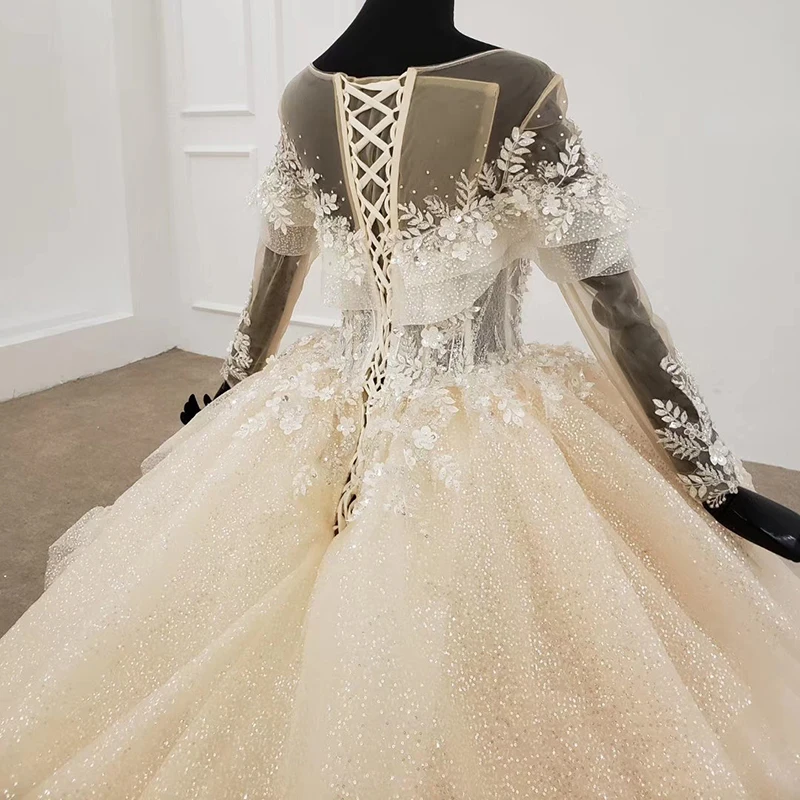 HTL1286 Luxury Wedding Dress O Neck Long Sleeves Tiered Flower Ball Gown Lace Up Illusion Glitter ชุดเจ้าสาว | Свадьбы и