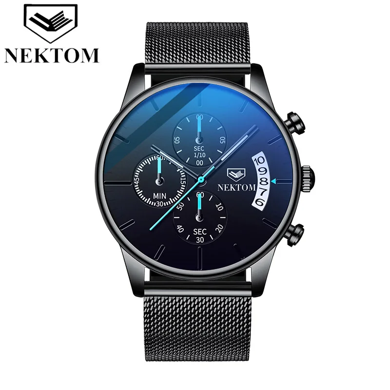 Mesh black Часы с хронографом, спортивные мужские s часы, лучший бренд, Роскошные водонепроницаемые полностью стальные светящиеся кварцевые часы для мужчин, Relogio Masculino - Color: Mesh black