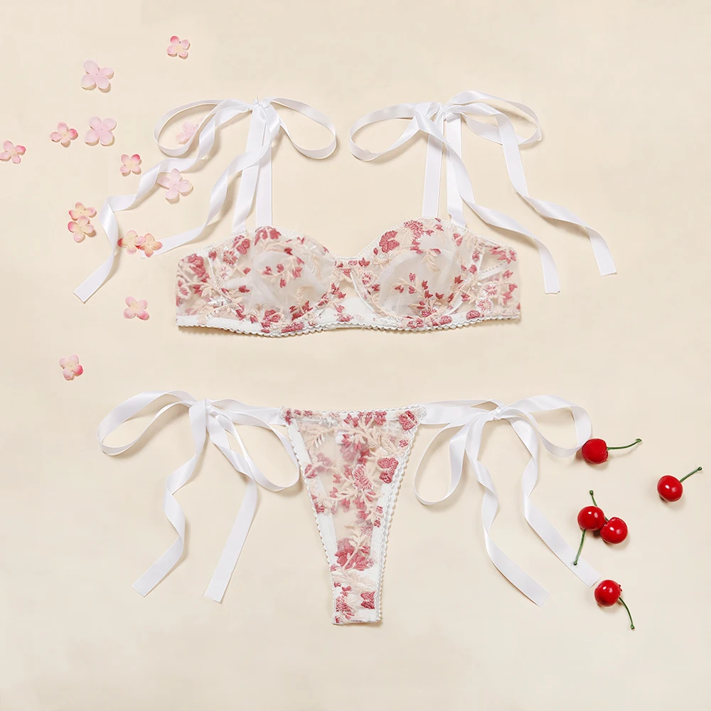 Комплект нижнего белья кружевной с цветочным принтом и вышивкой | Женская одежда