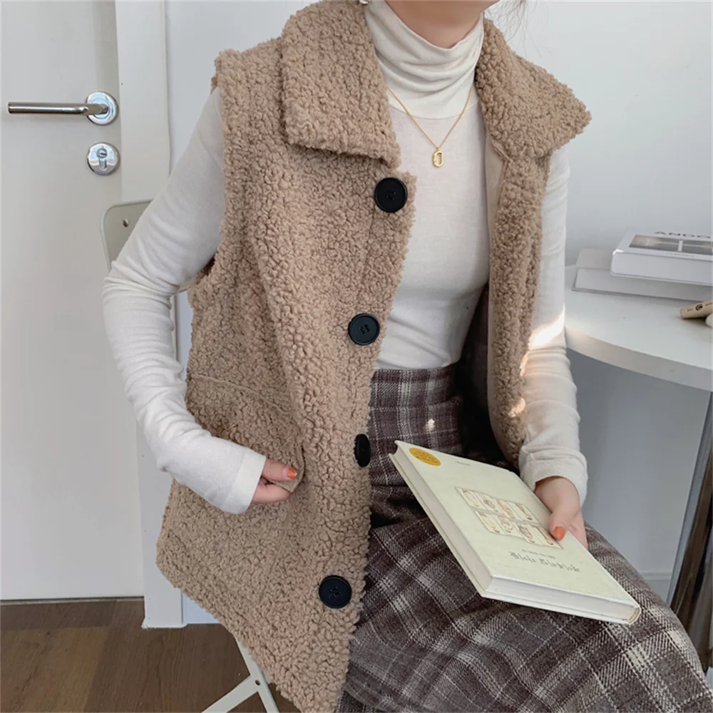

대한민국 Wool Solid Lapel Chic Sleeveless Coats All Match Stylish Vest Elegant 2021 Hot Loose Streetwear Winter Casual Tops