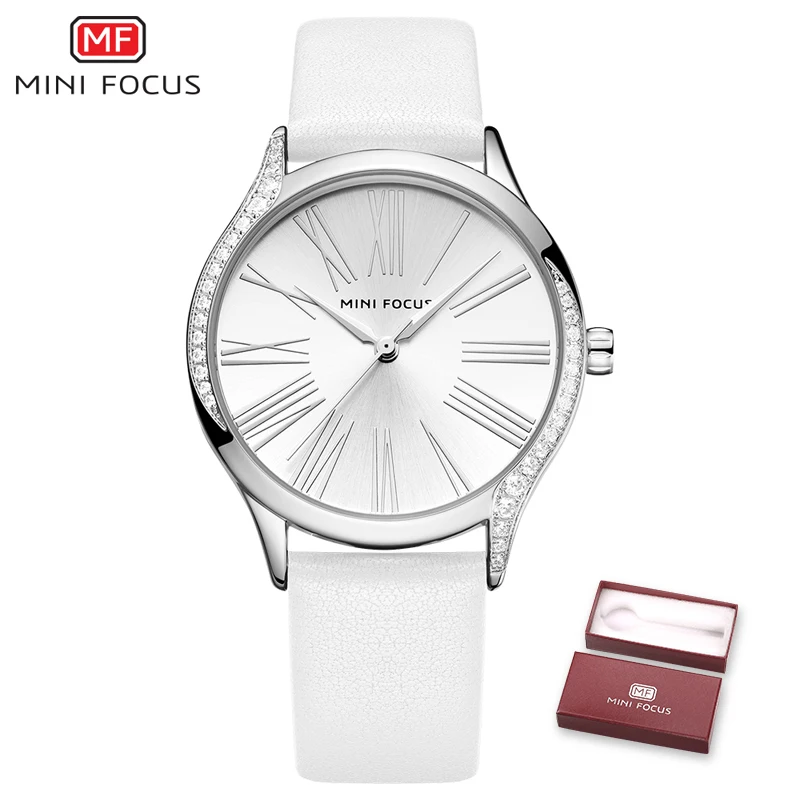 BOX WHITE SILVER MINIFOCUS, классические, элегантные, синие, кожаные, женские часы, Iced Out, кварцевые, женские часы, водонепроницаемые, простой дизайн, модные, женские часы - Цвет: BOX WHITE SILVER