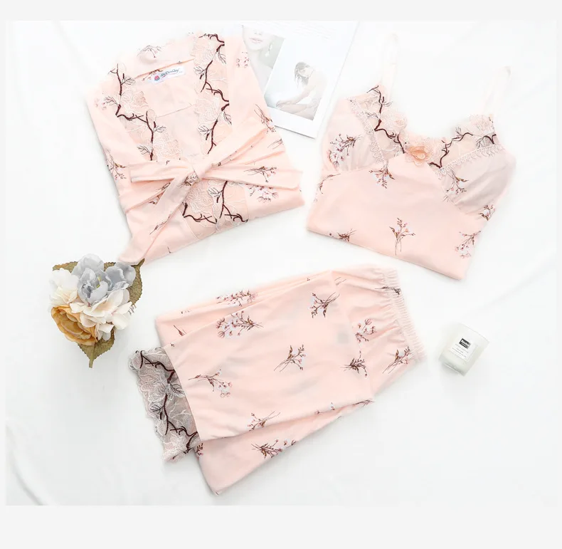 Женский кружевной пижамный комплект Хлопковая пижама на бретельках 3 предмета