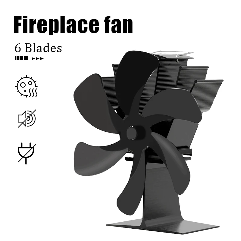 

Black Fireplace 6 Blades Heat Powered Stove Fan komin Log Wood Burner Eco Friendly Quiet Fan Home Efficient Heat Distribution