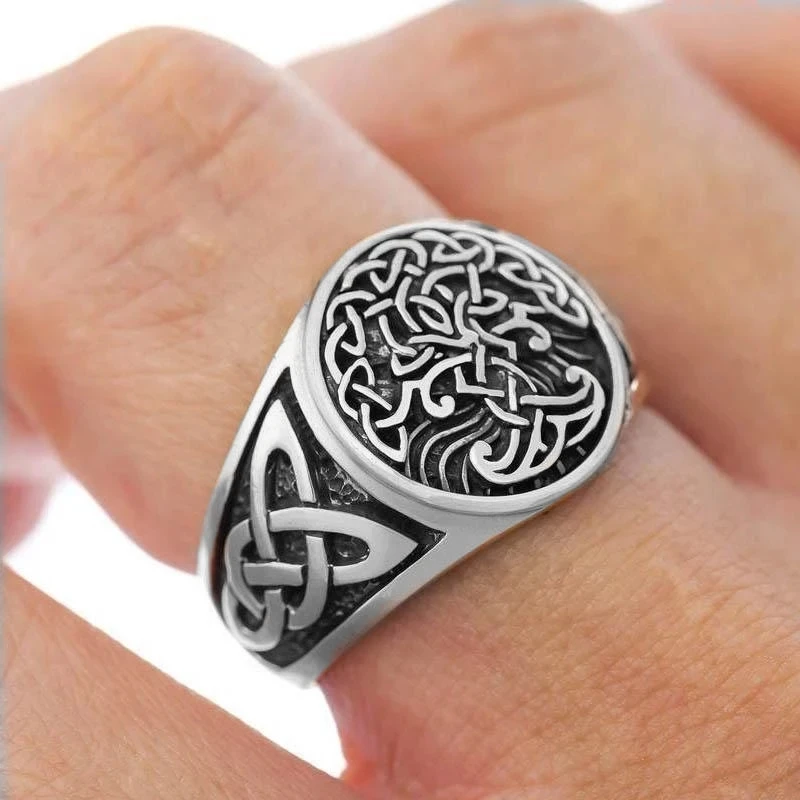 

YPAY 2021 Viking Tree of Life Yggdrasil Celtics Knotwork Ring Men's Stainless Steel Norse Amulet Jewellery