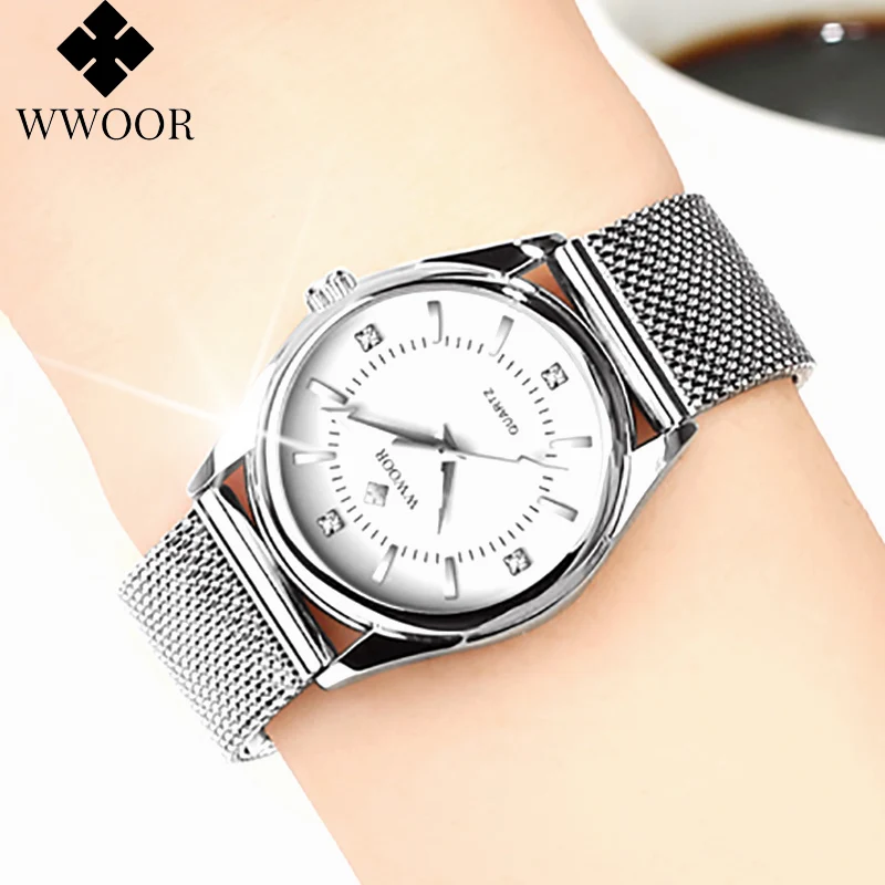 

High-quality Japanese movement WWOOR Watch For Women Geneva Dress Ladies Quartz Watches Silver Steel Mesh WristWatch White Clock