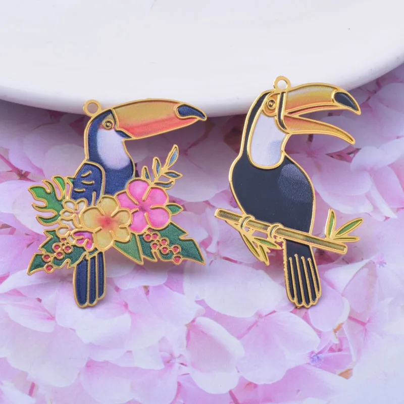 6pcs AB7010 New Design Brass Gold Plated Parrot  Colorful Charms Painted  Cute Animal Pendant  Jewelry  Earring Accessories