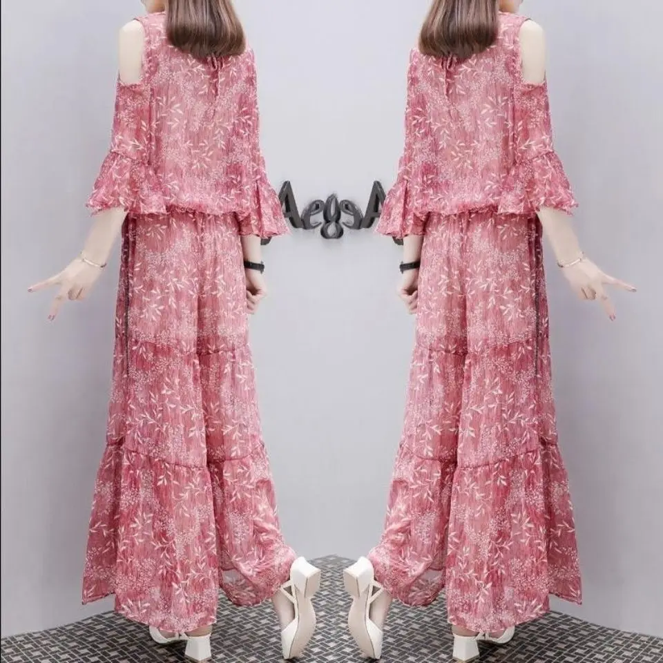 

2021 spring summer new women's suit off-shoulder wide-leg pants fashion printing casual female temperament loose two-piece suit
