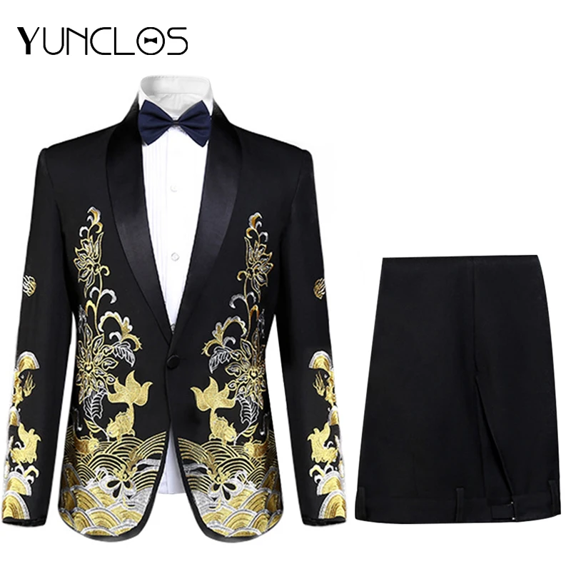 YUNCLOS Men 3 Pieces Suits One Single Button Wedding And Party Embroidered Dress (jacket + pant+ bow tie) Two Pockets | Мужская одежда