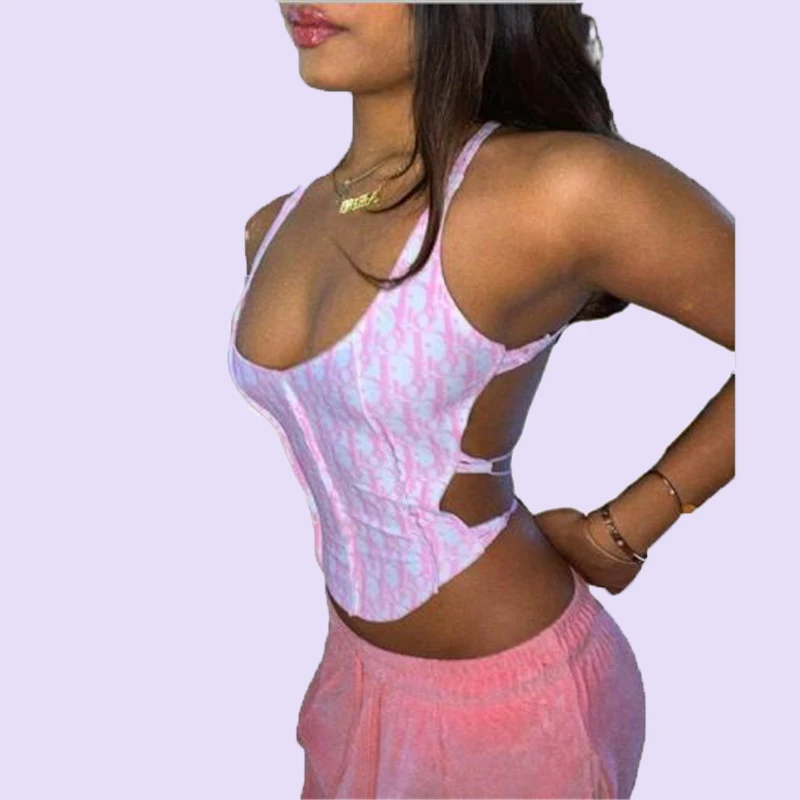 

Woman Sexy Minimalist Letter Vest Printed Bandage Backless Sleeveless Top Summer Slim Streetwear Harajuku Tank Top Female