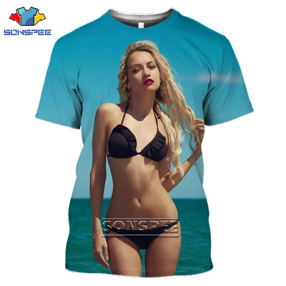 SONSPEE 3D seksi güzellik Bikini baskı T-shirt yaz spor plaj Otaku avrupa ve amerikan gevşek baskılı giyim