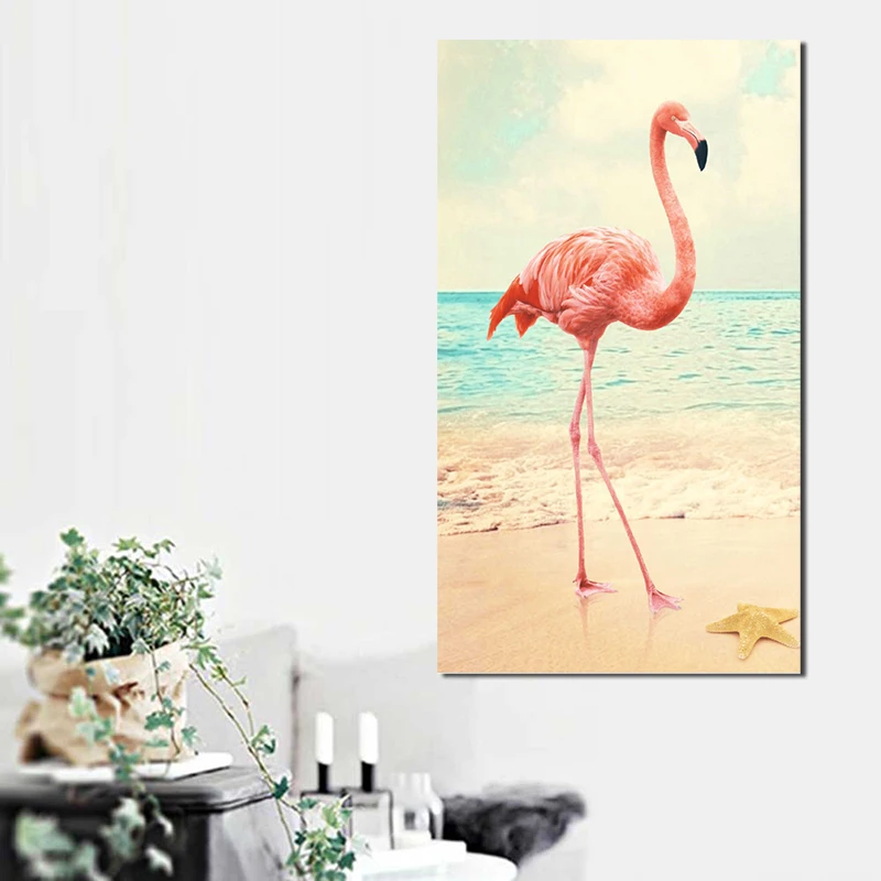 Фламинго на морском пляже диких животных художественный холст плакат настенная