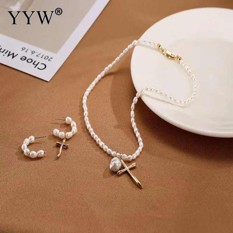 

Natural Pearl Necklace Freshwater Pearl Cross Pendant Fashion Retro For Woman Dialy Wear Or Attend Party Length Approx 13.37inch