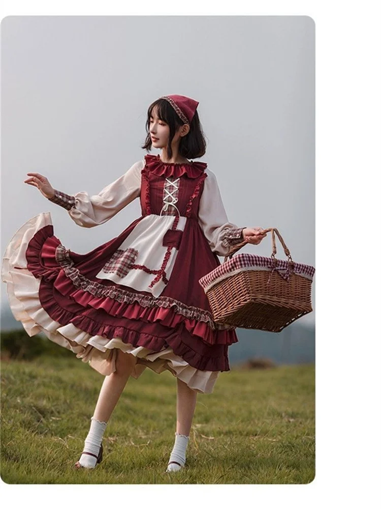 

Autumn Girls Tea party Red Lattice Splicing Cloak+dress+headband Set Lolita Sweet Woman Ruffle Puff Sleeve Cosplay Lolita Op