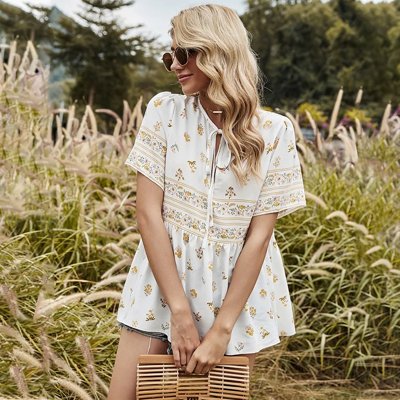 Women's Tunic Round Neck Printed Elegant Top Spring Summer Lace Bow Blouses Women's 2021 New Short Sleeve Shirt Tops And Bloues