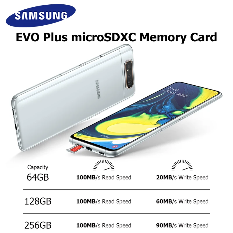 Карта памяти MicroSD SAMSUNG EVO + плюс 256 ГБ высокоскоростной 100 МБ/с. Micro SD U3 Class 10 TF карты