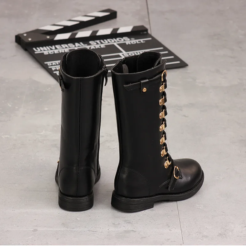 Зимние сапоги до колена для маленьких девочек модные с пряжкой черные из